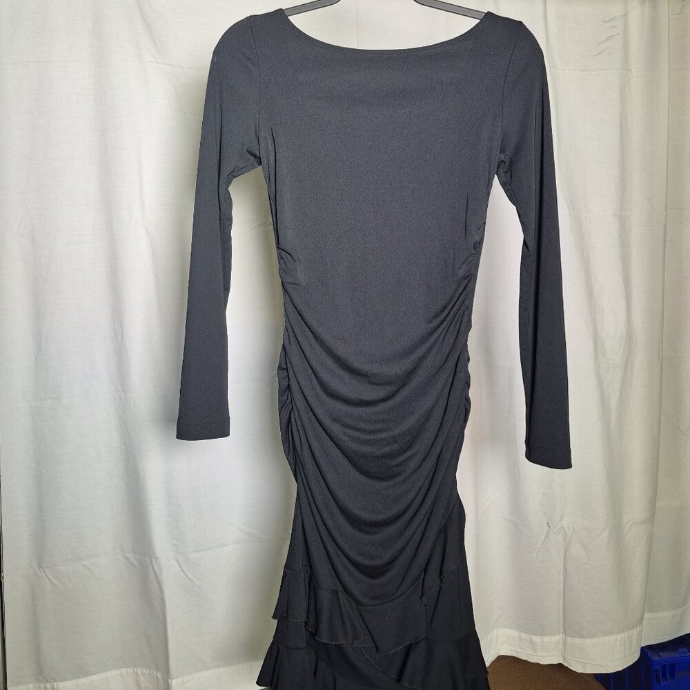 Y2K Form Fitting Black Dress with Open Back Detail, Ruffle Bottom, Small
